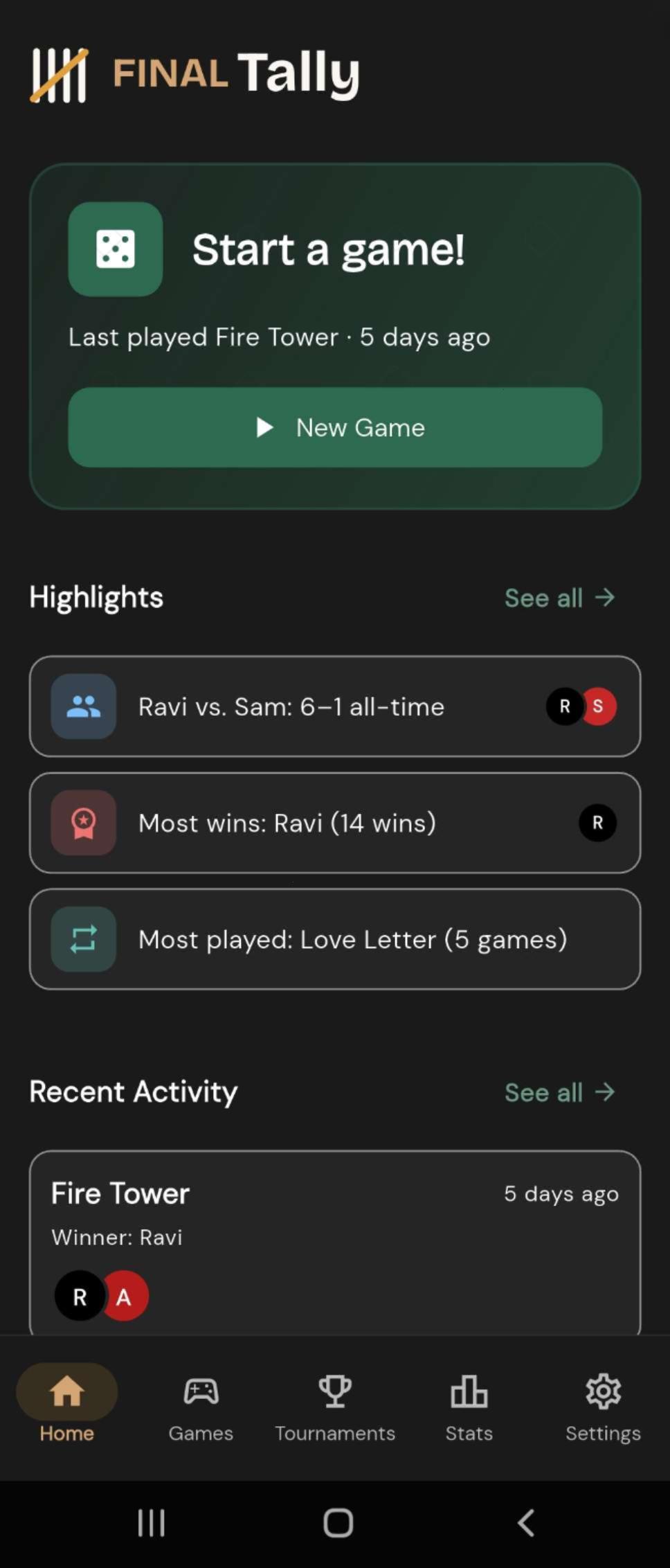 Final Tally home screen